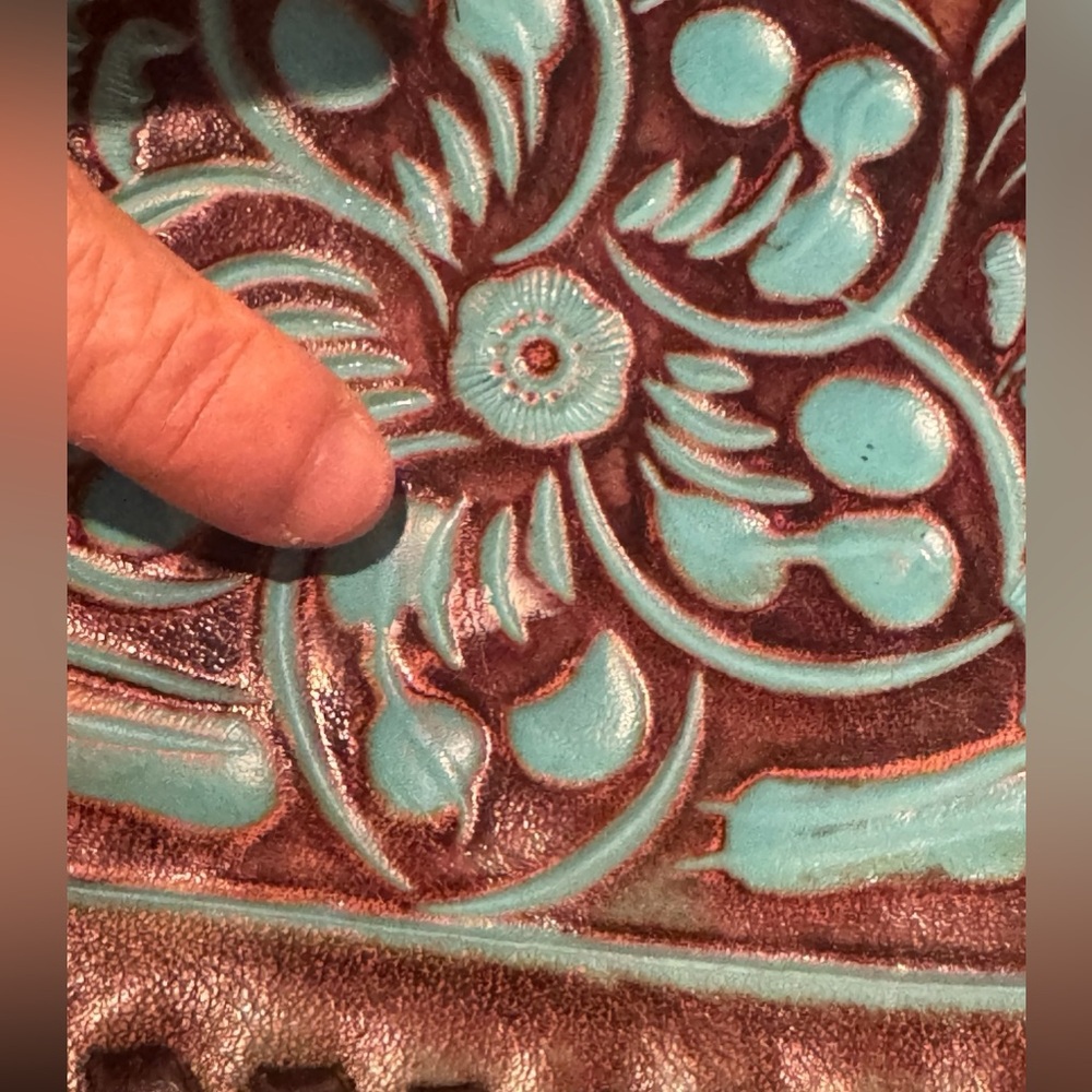 Turquoise and Brown Tooled Leather Crossbody Bag - Picture 3 of 10